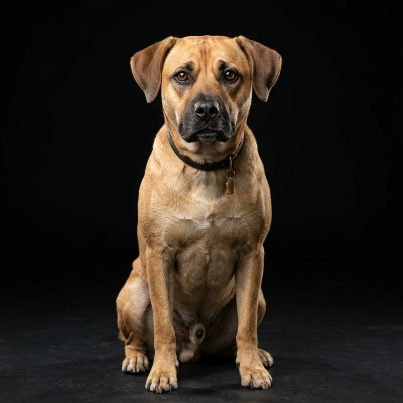Warmly lit portrait of a brown rescue dog against a dark studio background